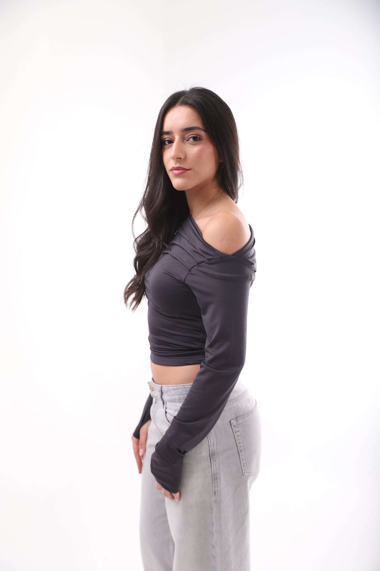 Grey Off Shoulder Long Sleeve